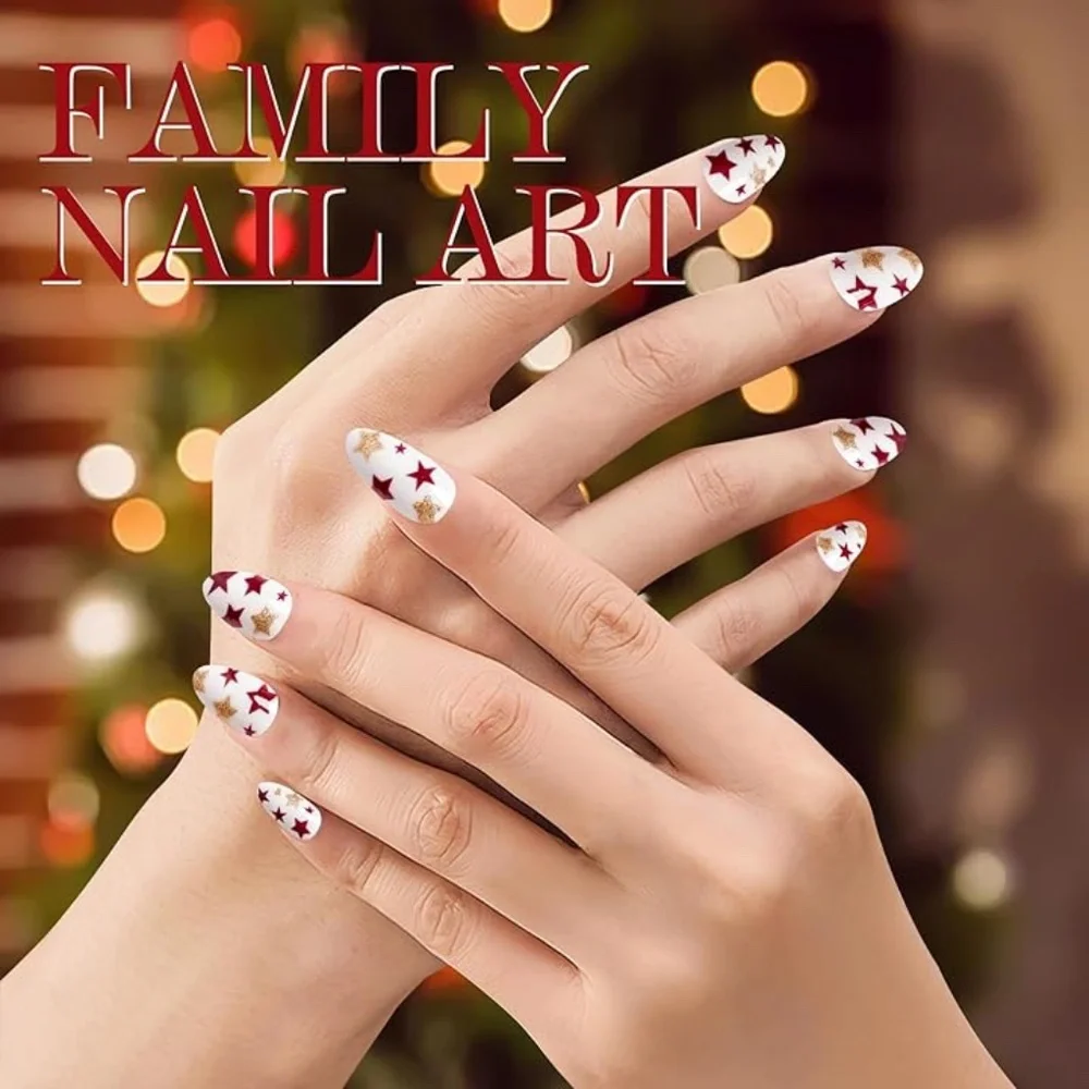 Red And Gold Stars On White Medium Almond Press-On Nails VAVAVAILS